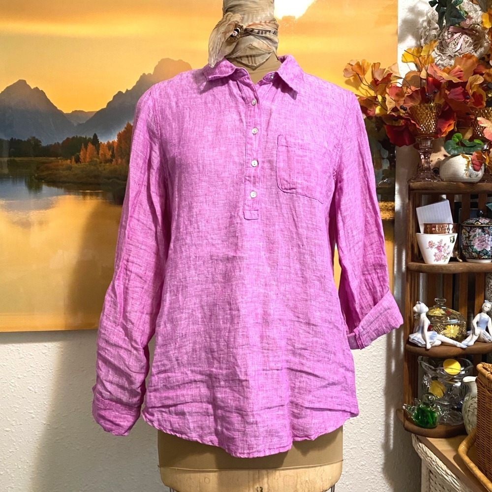 Jones & Co 100% Linen Tunic Coastal Grandma Women Medium Pink Long Sleeve